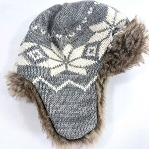 Hanna Andersson Gray Snowflake Faux Fur Trapper Hat Size S Fair Isle Geometic